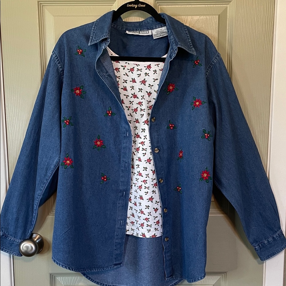 Vintage Dress Barn Poinsettia Embroidered Blue Jean Shirt with a Sewn-in Tee